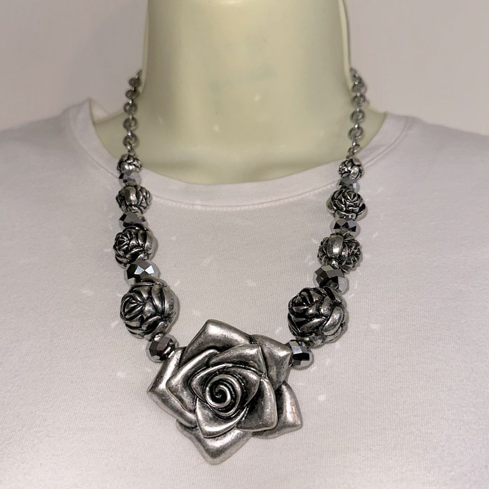 Silver Tone Rose Drop Earrings & Necklace Set - Picture 3 of 3
